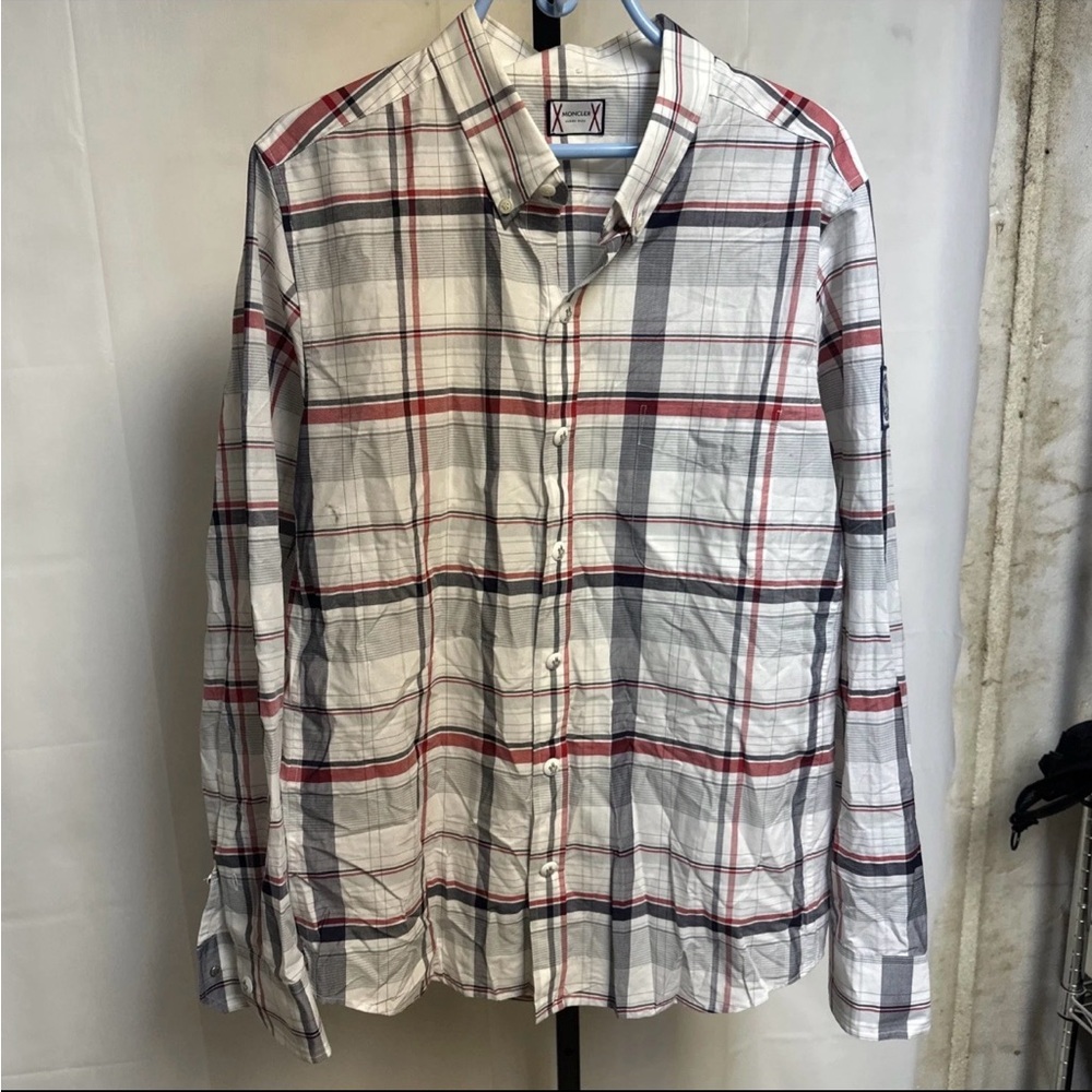 Moncler Camicia Long Sleeve Men’s Shirt Size 4/XL Snap Up White Plaid